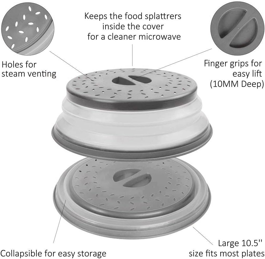 Microwave Splatter Cover Collapsible Microwave Cover for Food, Easy Grip Fruit Drainer BPA-Free Dishwasher Safe 10.5 inch,Grey