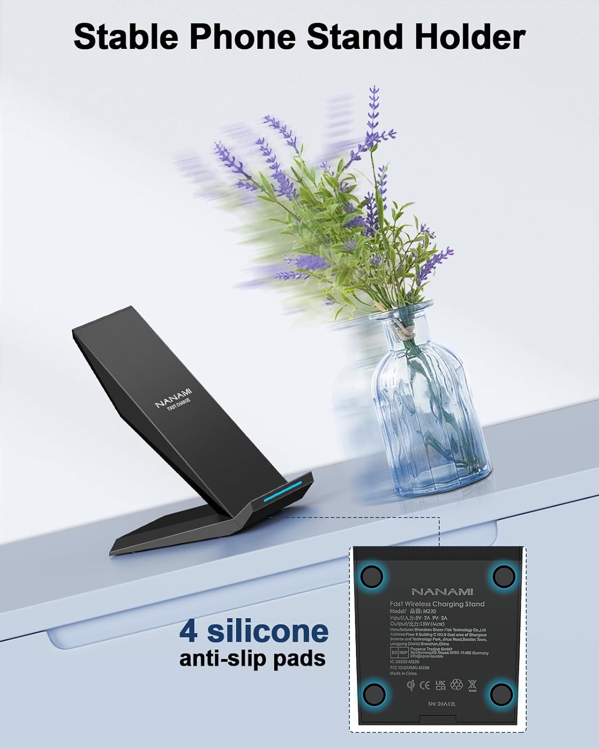 Fast Wireless Charger, NANAMI Qi Certified Wireless Charging Stand Compatible iPhone 17/17 Air/16/15/15 Pro/15 Plus/15 Pro Max/14/13/12, for Samsung Galaxy S25/S24/S23/S22/S21 and Qi-Enabled Phone