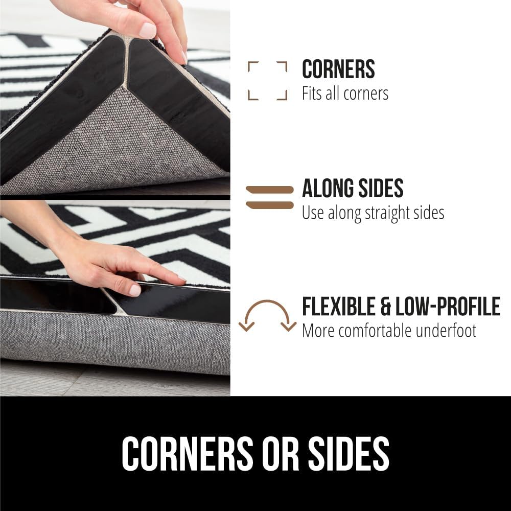 GORILLA GRIP Rug Gripper Pads Keep Area Rugs Corners from Curling, No Damage Reusable Double-Sided Stickers, Holds Down Carpet in Place on Hardwood Floors, Grips Tile Floor, Holiday Home Decor 8 Pcs