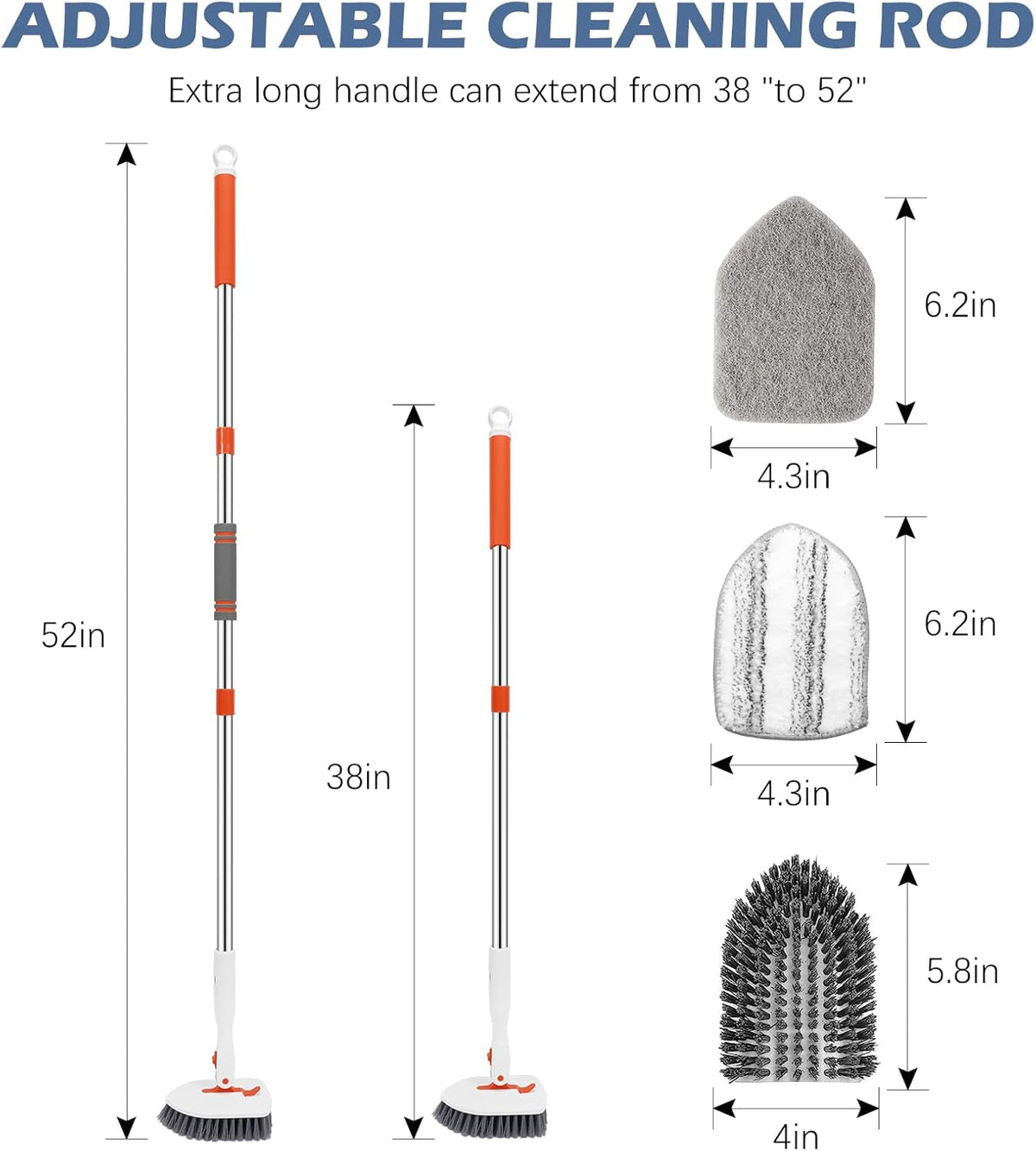 SetSail Floor Scrub Brush, 3-In-1 Tile Tub Floor Scrubber with 52-inch Adjustable Long Handle Shower Cleaner Brush and 3 Detachable Replacement Brush Heads for Cleaning Bathroom Kitchen Walls Tub Tile