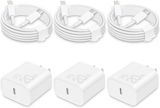 Fast Charger for iPhone [3-Pack, MFi Certified], 20W USB-C PD Block with 6Ft Charging Cable Compatible with iPhone 14/13/12/11/Pro Max & iPad