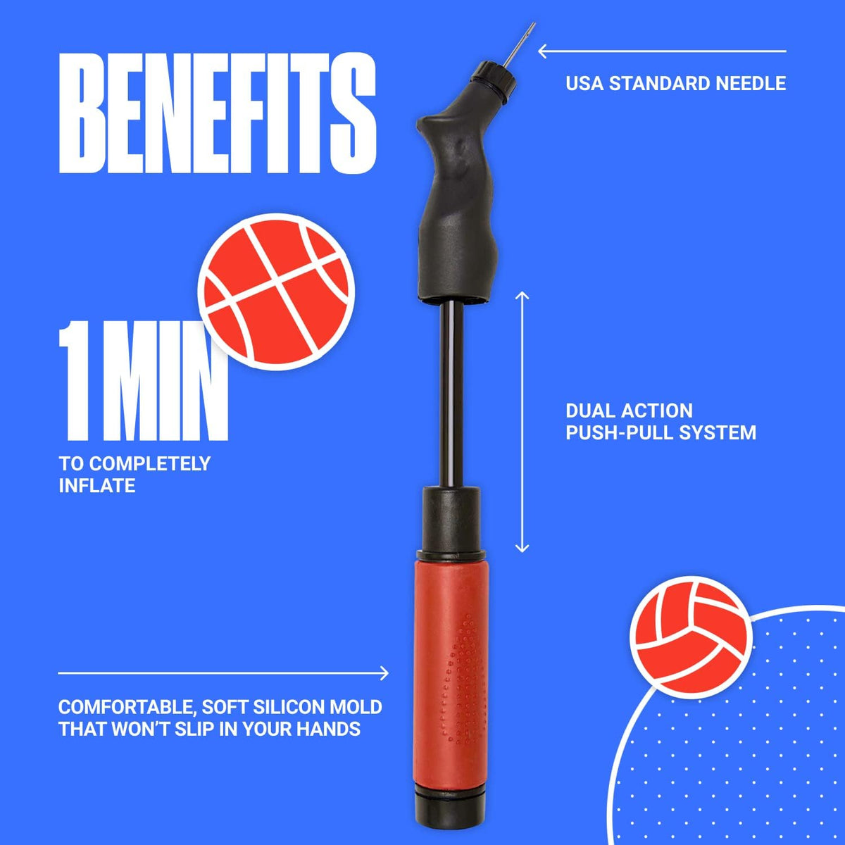 SPORTBIT Ball Pump for Sports Balls - Push & Pull Inflating System - Hand Pump for All Exercise Balls - Volleyball Pump, Basketball Inflator, Football & Soccer Ball Air Pump - Goes with 5 Needles Set