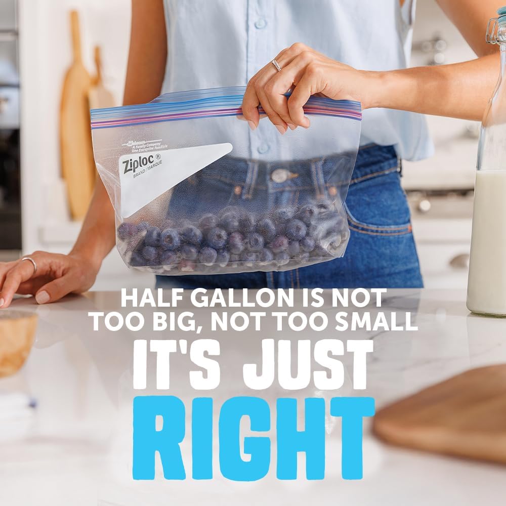 Ziploc Half Gallon Food Storage Freezer Bags, Easy Open and Close, 40 Bags Total
