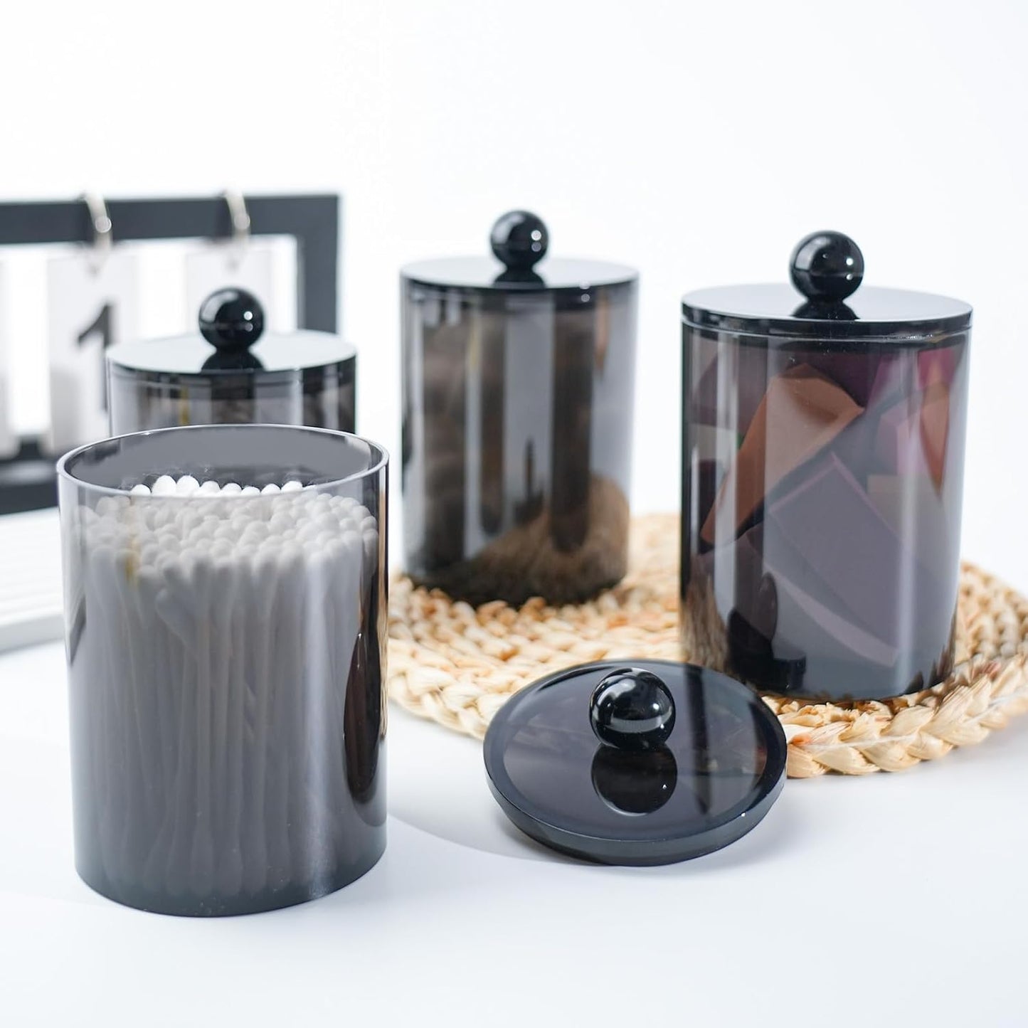 2 Pack Qtip Holder,Canister Apothecary Jar Set, Bathroom Jars with Lids Set for Cotton Swabs, Balls, Pads, Floss Picks,10oz-12oz Plastic Canisters Restroom Bedroom Vanity Organizer(Black)