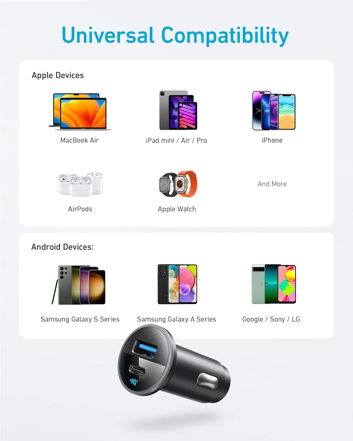 Anker 323 USB-C Car Charger Adapter, 52.5W Cigarette Lighter Charger with 30W PowerIQ 3.0 Fast Charging for iPhone 17/16/15/14/13/12 Series, Galaxy S25/24, Pixel