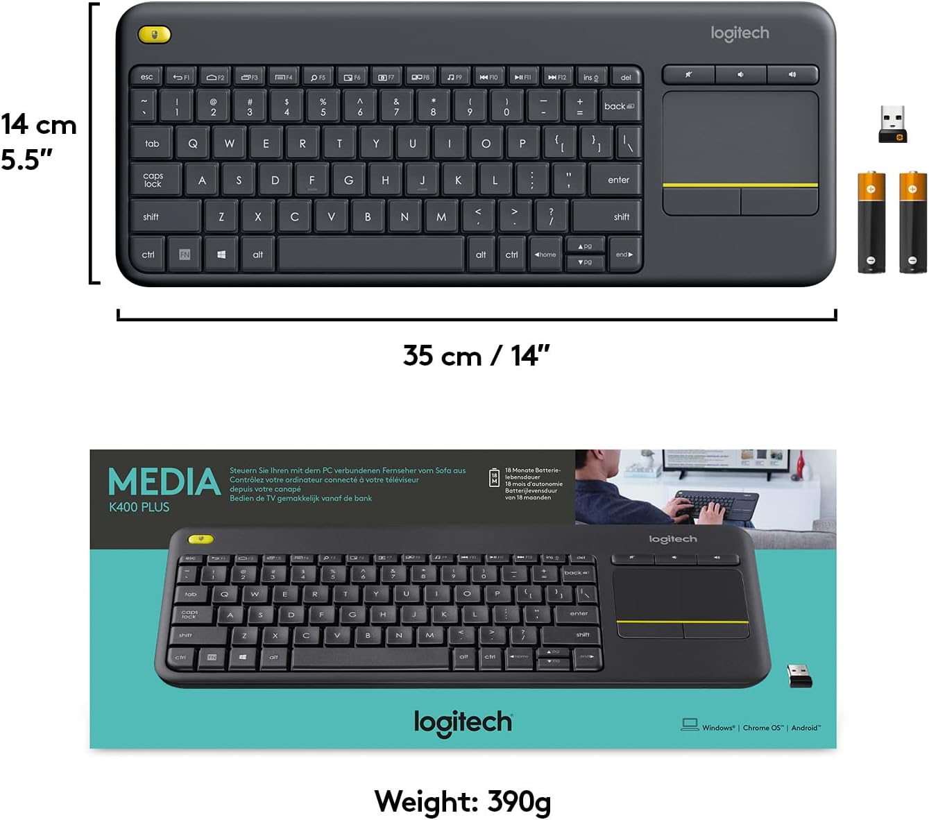 Logitech K400 Plus Wireless Touch TV Keyboard with Easy Media Control and Built-in Touchpad, HTPC Keyboard for PC-Connected TV, Windows, Android, ChromeOS, Laptop, Tablet - Black