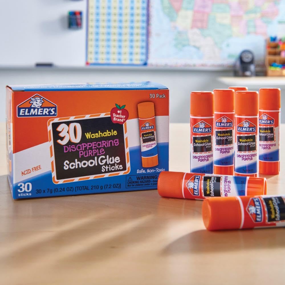 Elmer's Disappearing Purple School Glue Sticks, Washable, 7 Grams, 30 Count - Poster, Vision Board, Back to School, Bulk Pack for Classrooms, #1 Teacher Brand