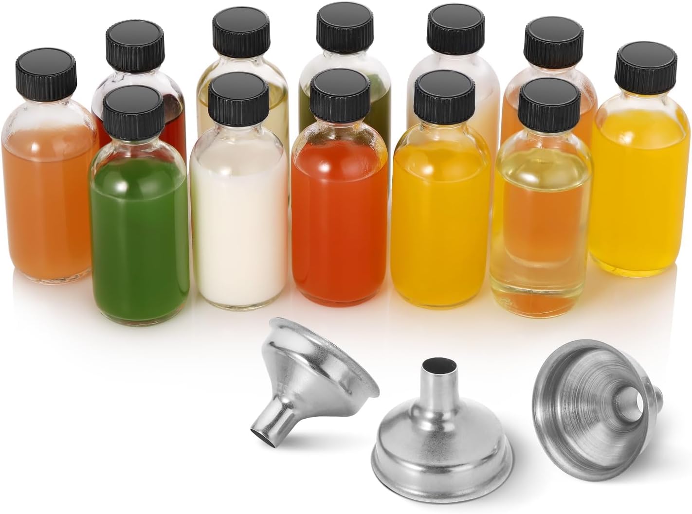 12 Pack, 2 oz Small Clear Glass Bottles w/Lid & 3 Funnels - 60ml Boston Shot Bottles for Health, Immunity, Potion, Wellness, Sample, Ginger, Juice - Mini Personal Care & Beauty Travel Bottle