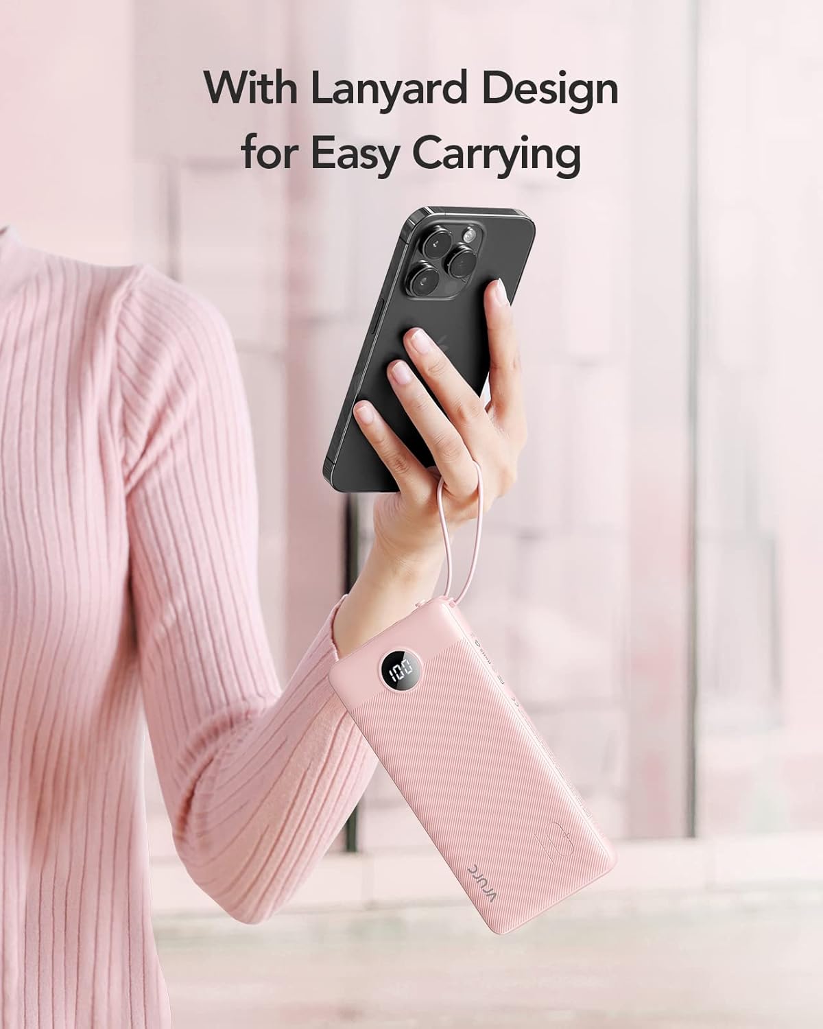 VRURC Portable Charger Power Bank, 10000mAh Travel Essentials Battery Pack, Compact Charging Bank Built-in Cables Cords Compatible with iPhone 17 Pro 17 16 15 14 13, Samsung Phones-Pink(1 Pack)