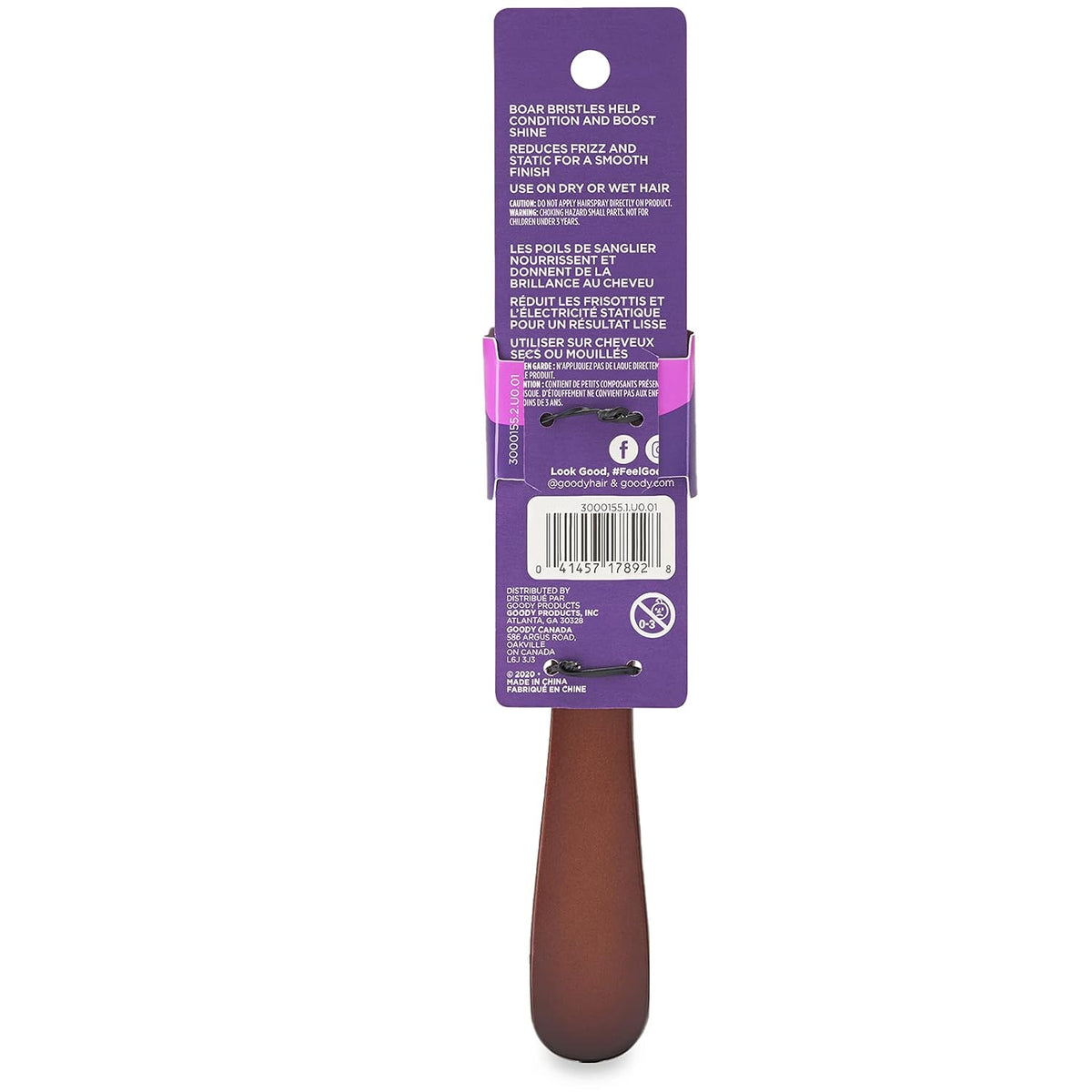 Goody Smooth and Sleek Wood Styling Brush with Natural Boar Bristles, Flyaway Free Finish, For All Hair Types, Brown, 1CT