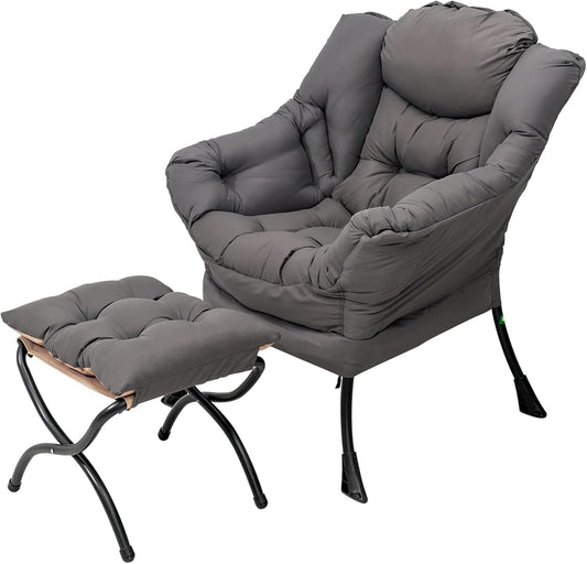 Welnow Lazy Chair with Ottoman, Modern Lounge Accent Chair with Armrests and a Side Pocket, Leisure Sofa Armchair, Reading Armchair with Footrest for Small Space, Dark Grey