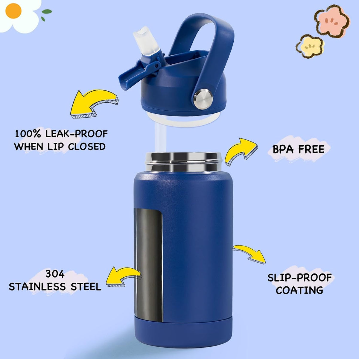 Kerilyn 12oz Kids Water Bottle, Stainless Steel Insulated Water Bottle For Kids, Toddler Cup With Straws Leak-proof, Kids Water Bottles For School Boys Girls, BPA Free, Blue