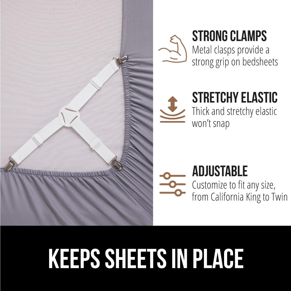 GORILLA GRIP Patent Pending Bed Sheet Holders, Adjustable Elastic Fasteners with Metal Clips, Keep in Place Fitted Bedding Straps, Firm Tight Suspenders for Mattress, US Designed, 4 Pack White