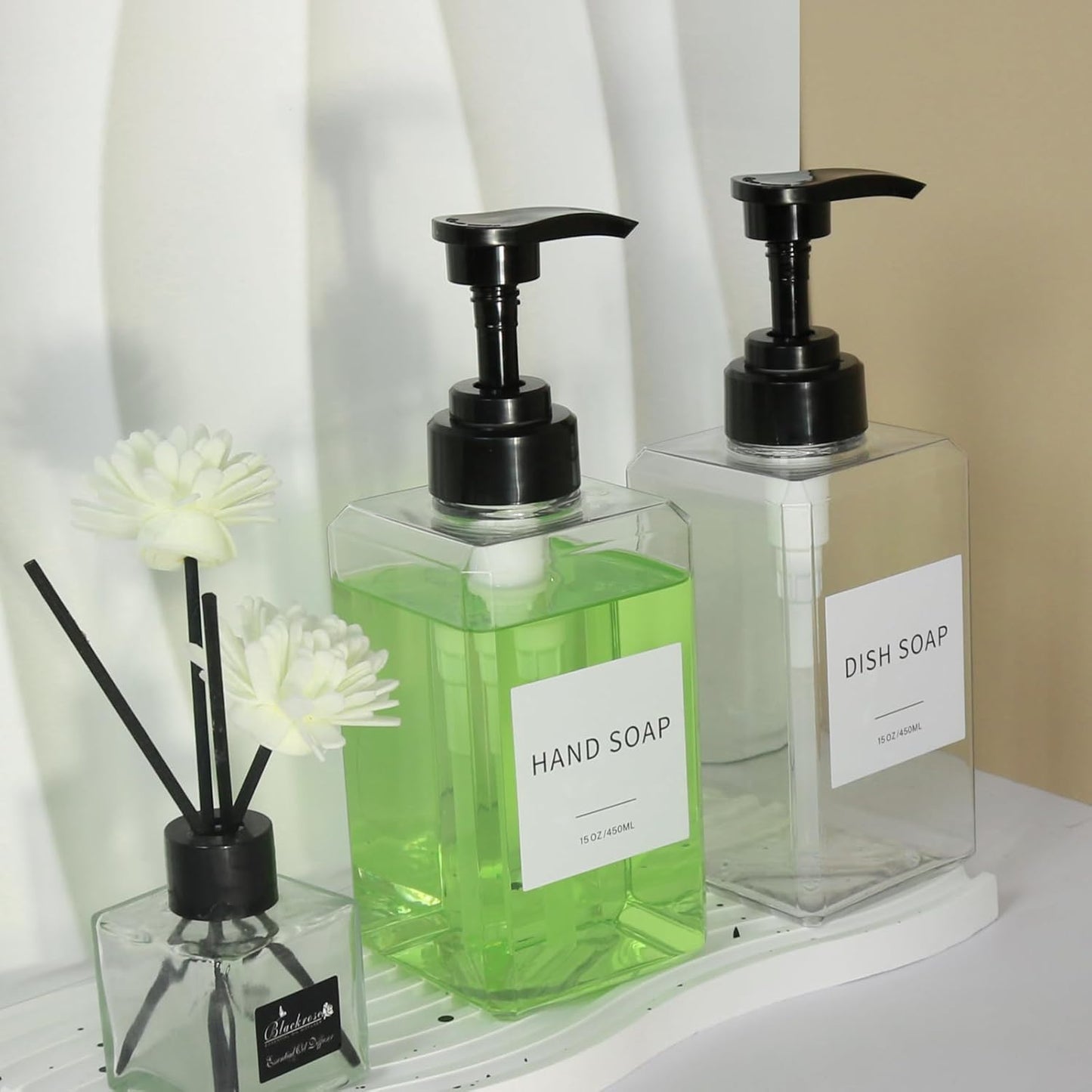 Clear Soap Dispenser with Waterproof Labels, Thickened Plastic Hand Soap Dispenser for Bathroom, Kitchen Dish Washing Liquid Bottles, Shampoo and Conditioner Bottles with Funnel (15oz 2Pack Clear)