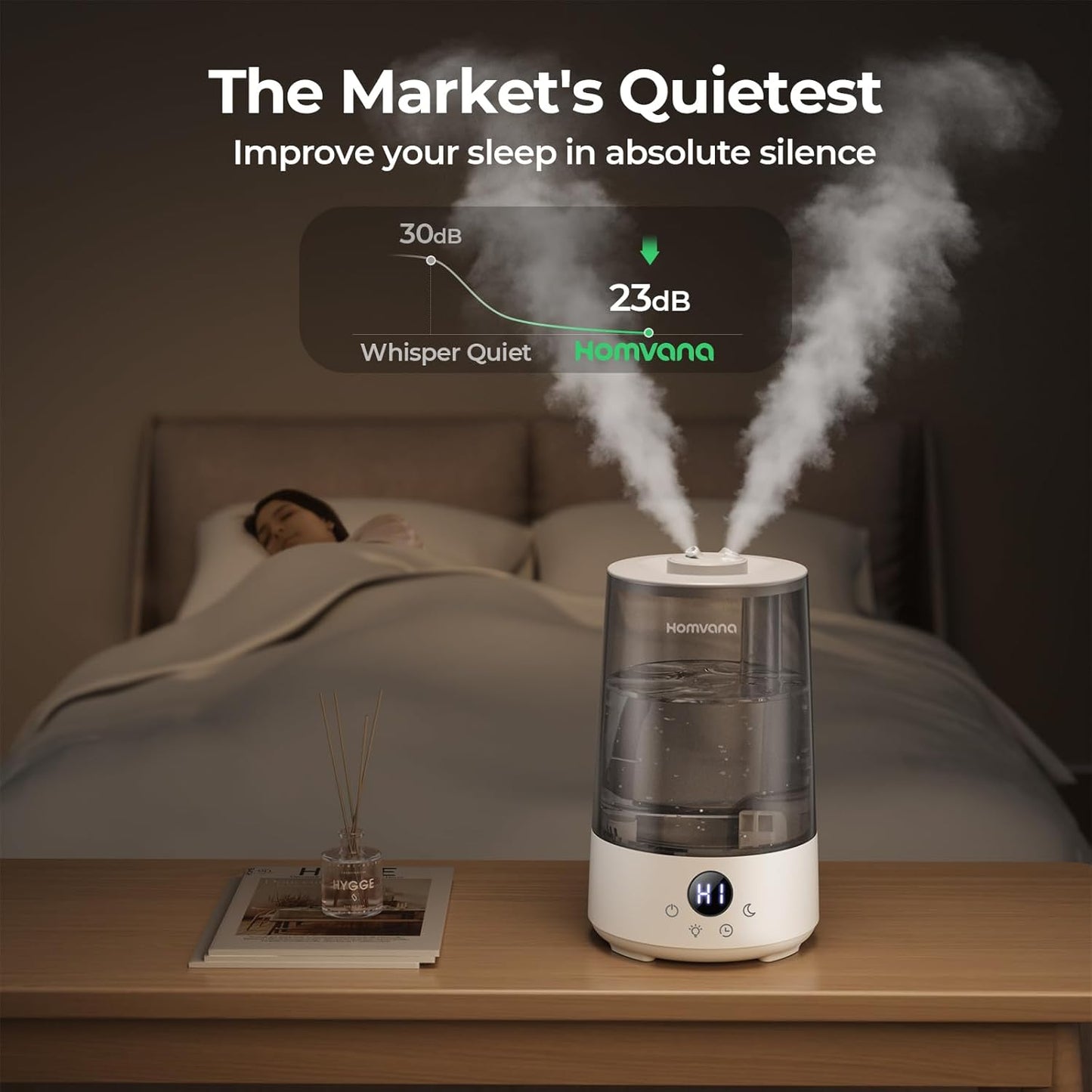 Homvana Humidifiers for Bedroom Home, 3.6 L Cool Mist Top-Fill 34H Super Long Time, Quiet 23dB, Baby Humidifier, Oil Diffuser for Large Room, House, Plant, Nursery, Office, BPA FREE, Ultrasonic (Grey)