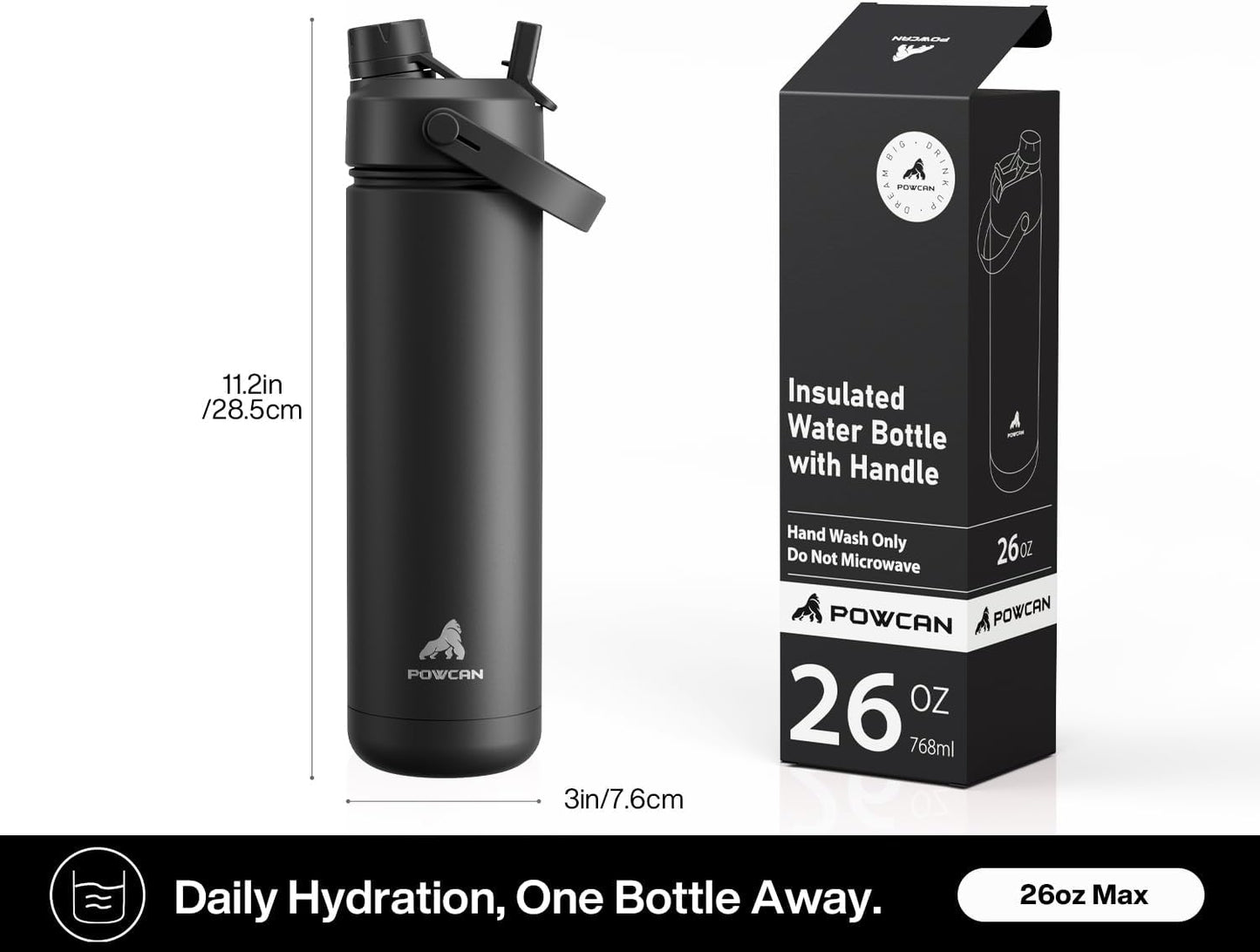 POWCAN 26 oz Insulated Water Bottle with 2-in-1 Straw and Spout Lid, Keep Cold 24H, Leak-Proof, Fits in Car Cup Holder, Stainless Steel Water Bottle for Sports, Travel, and School (Dark Knight)