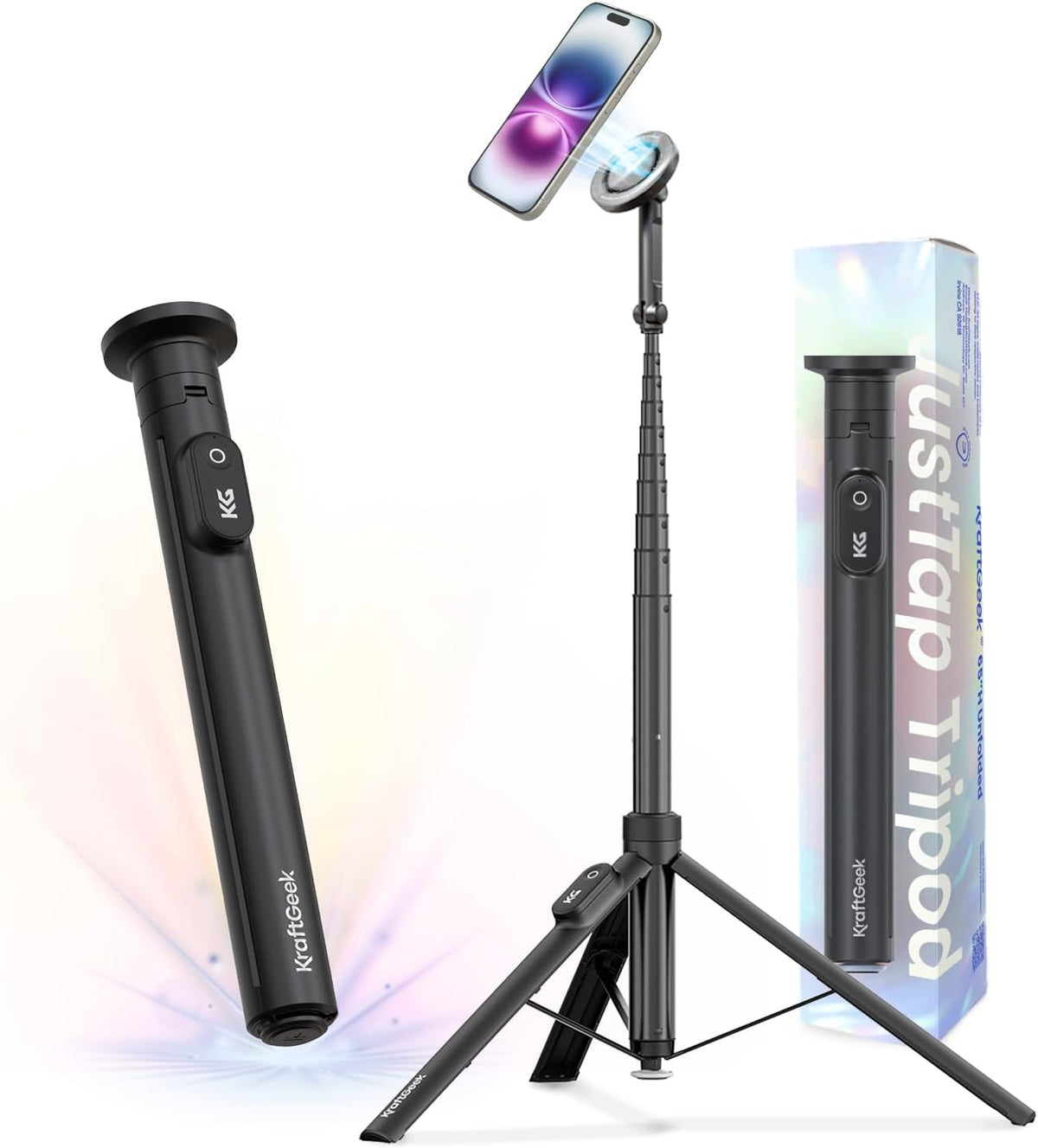 KraftGeek Magnetic Phone Tripod for iPhone MagSafe – 66'' Automatic Selfie Stick with Remote, Portable Tripod Stand for Video Recording, Travel, Vlogging (Black)