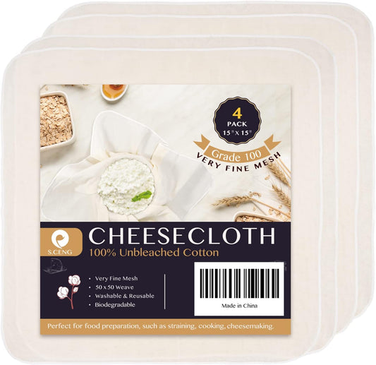 Precut Cheesecloth, 15 x 15'' 4 Pack, Grade 100, Ultra Fine Cheese Cloth for Straining & Cooking, 100% Unbleached Cotton Muslin Cloth for Making Cheese Search by: Search on ebay Search on Walmart