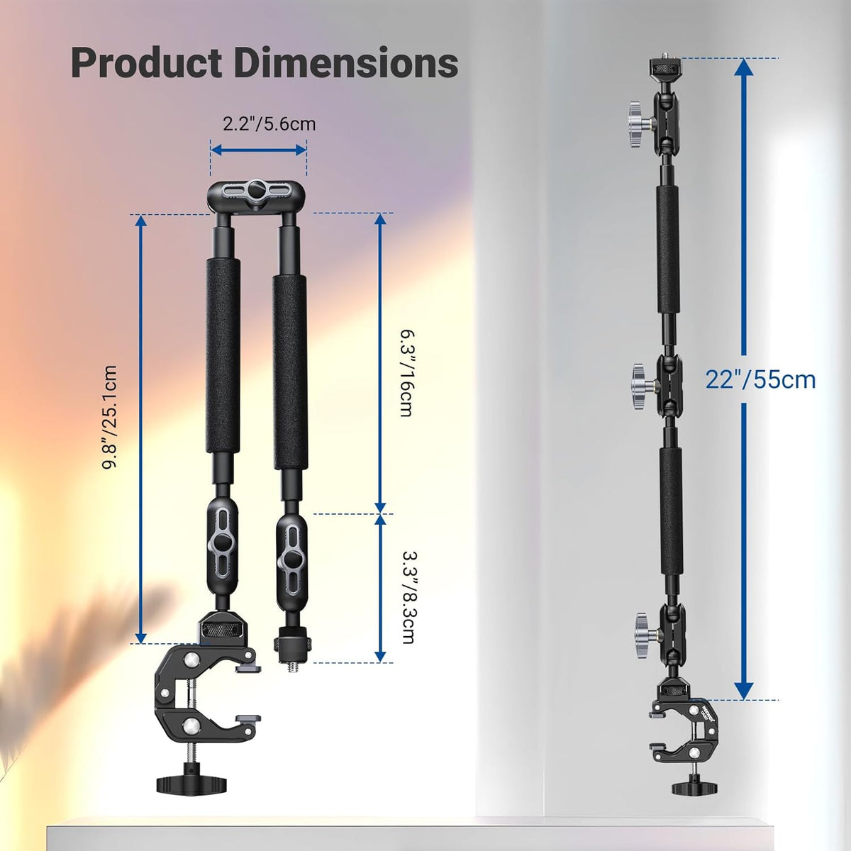 NEEWER 22" Magic Arm w Desk C Clamp, Overhead Camera Mount with Articulating Mic Boom Arm 1/4" 3/8" Threads for ARRI, Desktop Stand Holder for Phone Microphone Webcam Action Camera Video Light, UA057