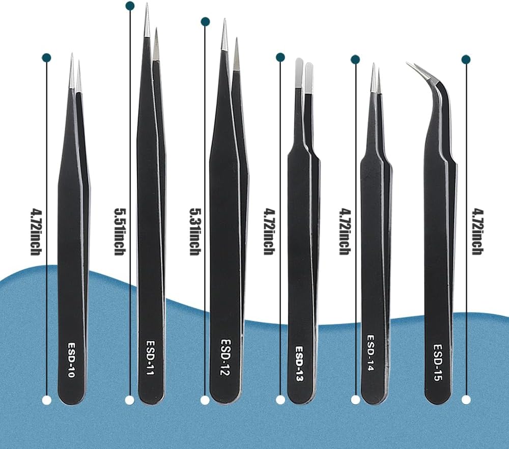 6 Pcs Precision Tweezers Set, Premium Anti-Static Stainless Steel Tweezer, ESD Curved of Tweezers for Electronics, Craft, Laboratory Work, Jewelry-Making, etc