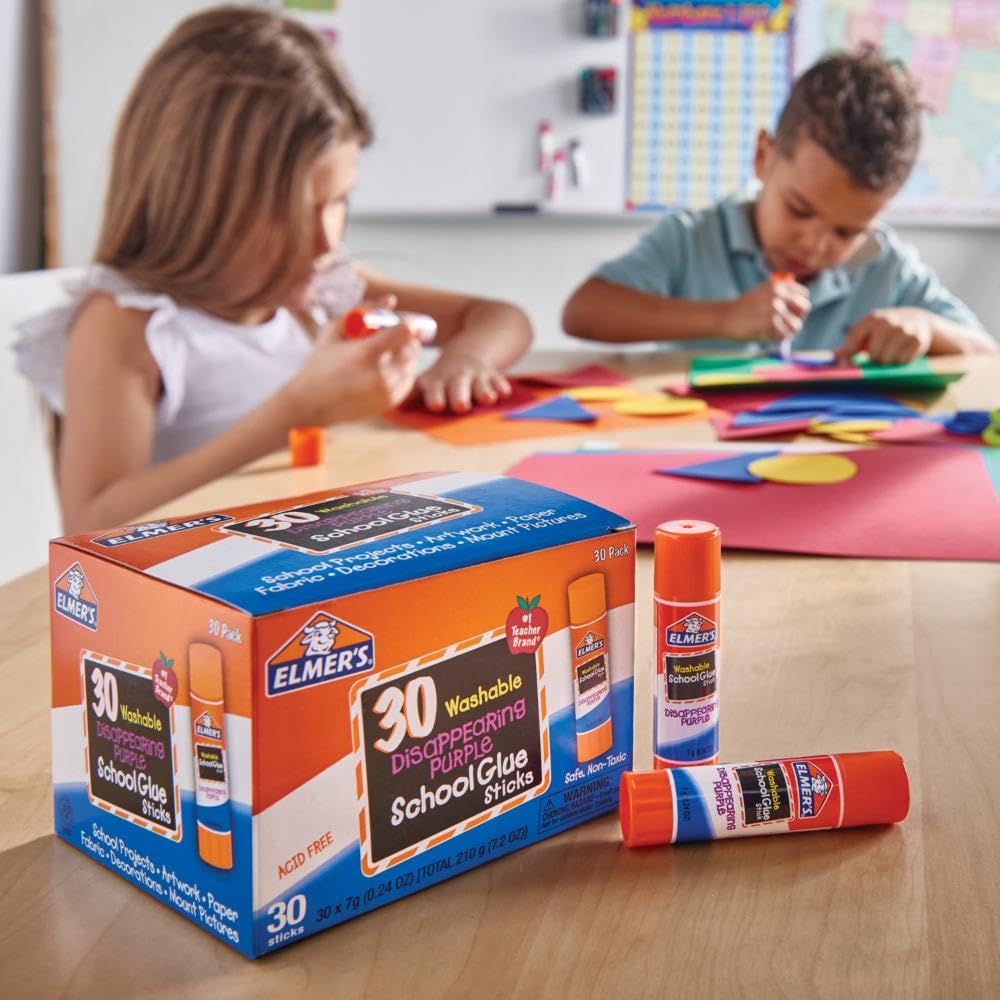 Elmer's Disappearing Purple School Glue Sticks, Washable, 7 Grams, 30 Count - Poster, Vision Board, Back to School, Bulk Pack for Classrooms, #1 Teacher Brand