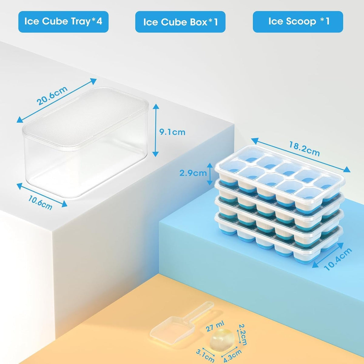 DOQAUS Ice Cube Tray with Lid and Bin, 4 Pack Silicone Plastic Ice Cubes Trays for Freezer with Box/Container, Stackable with Storage Iced Bucket Kits, Scoop, for RV, Soup, Food, Cocktail, Coffee