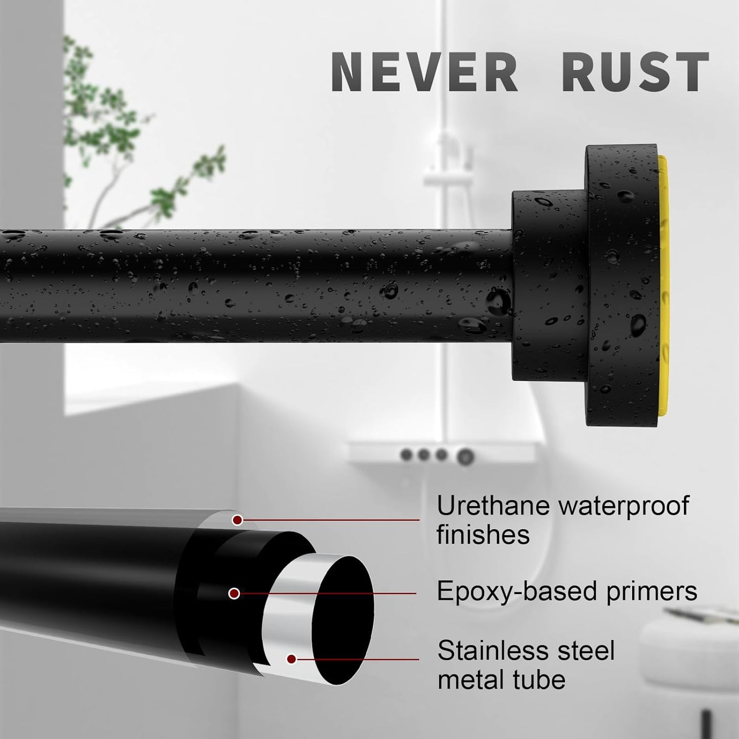 Shower Curtain Rod Adjustable 43-78 inch, 1"Diameter Spring Tension Curtain Rod No Drill, Anti-Rust Non-Slip Shower Rod, Black Shower Curtain Rod for Bathroom Tension
