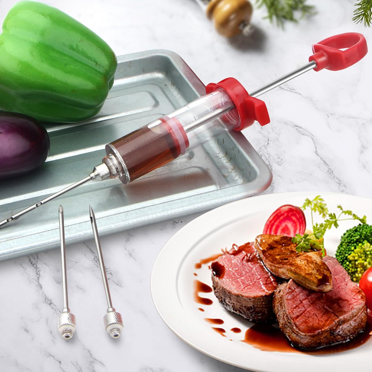 Meat Injector, 1-oz Plastic BBQ Marinade Injector Kit, Turkey Injector Syringe (3 Stainless Steel Meat Needles +3 Replacement O Rings + 1 Cleaning Brush) for Turkey Smoked BBQ Grill
