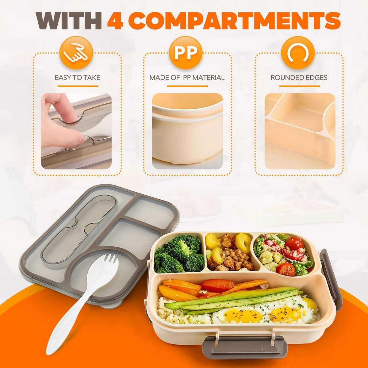 EASYFUN Bento Box Adult, Lunch Box Kids, 4-Compartment Lunch Containers, Drop-Proof, Dishwasher Safe & Made with BPA-Free Materials(Khaki)