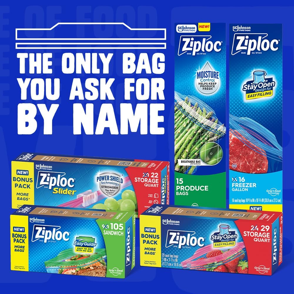 Ziploc Half Gallon Food Storage Freezer Bags, Easy Open and Close, 40 Bags Total
