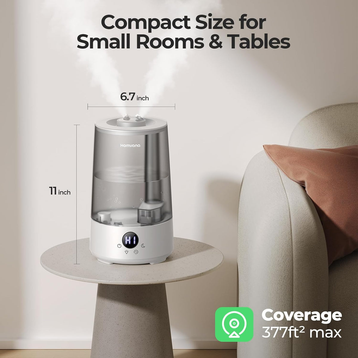 Homvana Humidifiers for Bedroom Home, 3.6 L Cool Mist Top-Fill 34H Super Long Time, Quiet 23dB, Baby Humidifier, Oil Diffuser for Large Room, House, Plant, Nursery, Office, BPA FREE, Ultrasonic (Grey)