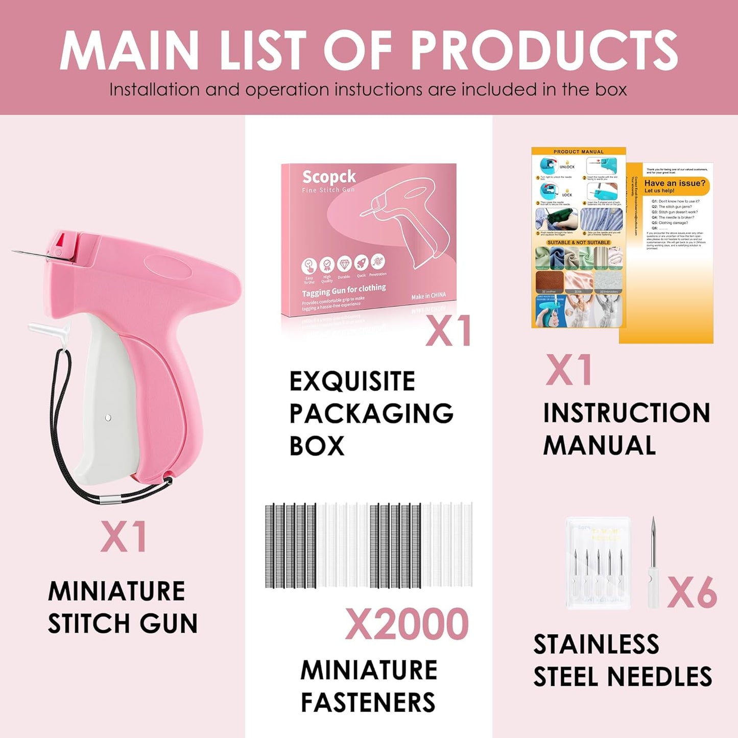 Stitch Gun for Clothes - Handheld Stitch Gun Quick Clothing Fixer - Tagging Gun - Includes 6 Needle, 1000 Black Fasteners & 1000 White Fasteners (Pink/Orange)