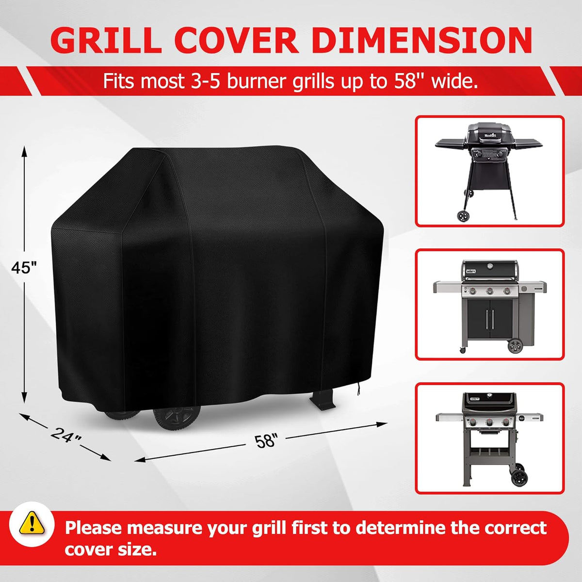 i COVER Grill Cover, 58 inch BBQ Grill Cover for Outdoor Grill, Anti-UV & Fade Resistant Gas Grill Cover, Waterproof Barbecue Grill Covers for Weber, Char-Broil, Nexgrill and More, Black