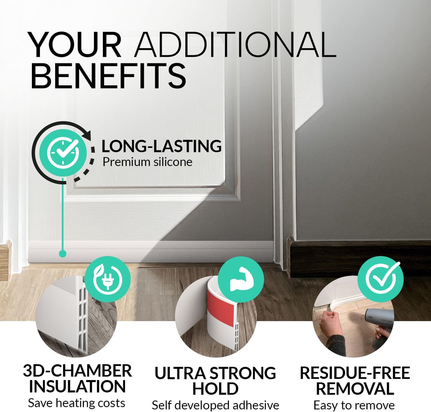 Vellure door draft stoppers for bottom of door - NEW premium door sweep / door seal strip (save energy – installs quickly and easily) door weather stripping, ideal for keeping out cold (1x39" white)