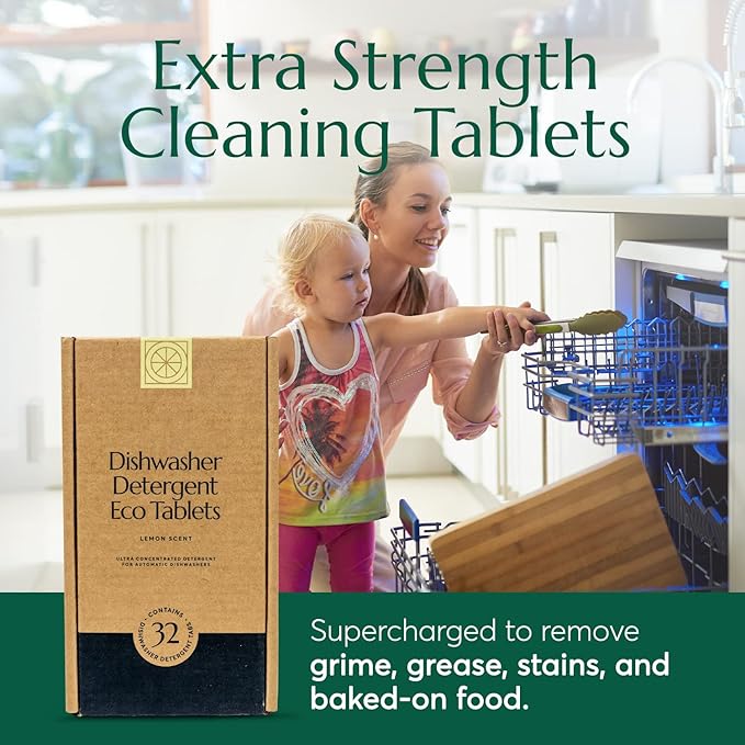 CLEANOMIC Dishwasher Pods (32 Eco Tabs) Soap Detergent, No Harsh Ingredients, Individually Wrapped - Lemon Fresh