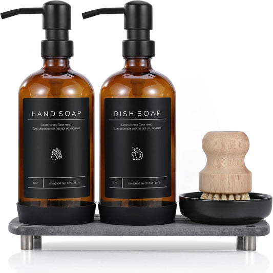 Kitchen Soap Dispenser Set - 16OZ Amber Glass Bottle, Stainless Steel Pump, Instant Dry Tray, Waterproof Labels, Non-Slip Silicone Pad, and Dish Brush | Upgrade for Your Kitchen and Bathroom