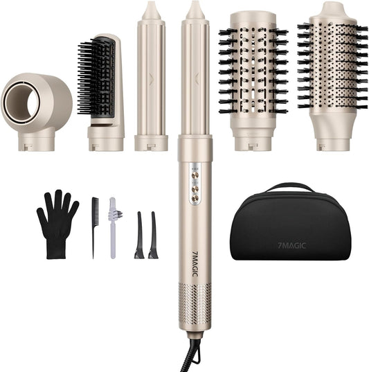 7MAGIC 6 in 1 Multi Hair Styler Dryer Brush, 110,000 RPM High-Speed, Negative Ionic, Fast Drying for Professional Blow Dry, Curling, Volumizing, Straightening and Styling, Gold