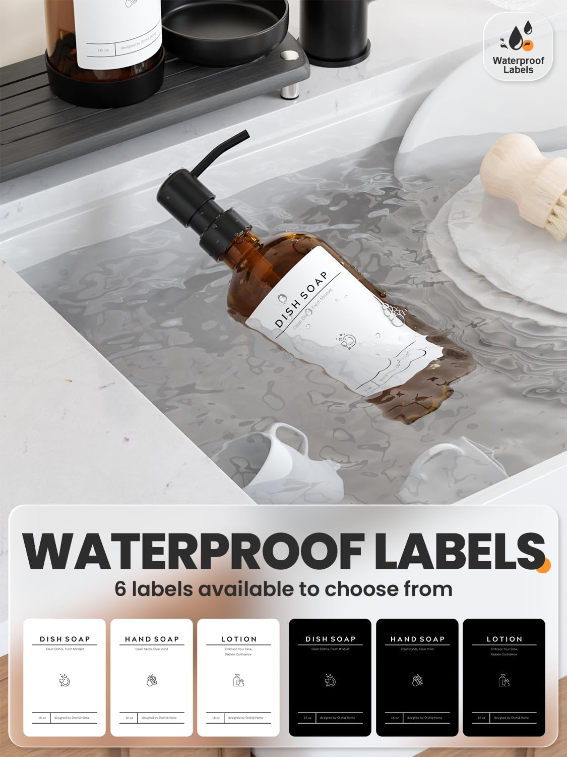 Kitchen Soap Dispenser Set - 16OZ Amber Glass Bottle, Stainless Steel Pump, Instant Dry Tray, Waterproof Labels, Non-Slip Silicone Pad, and Dish Brush | Upgrade for Your Kitchen and Bathroom