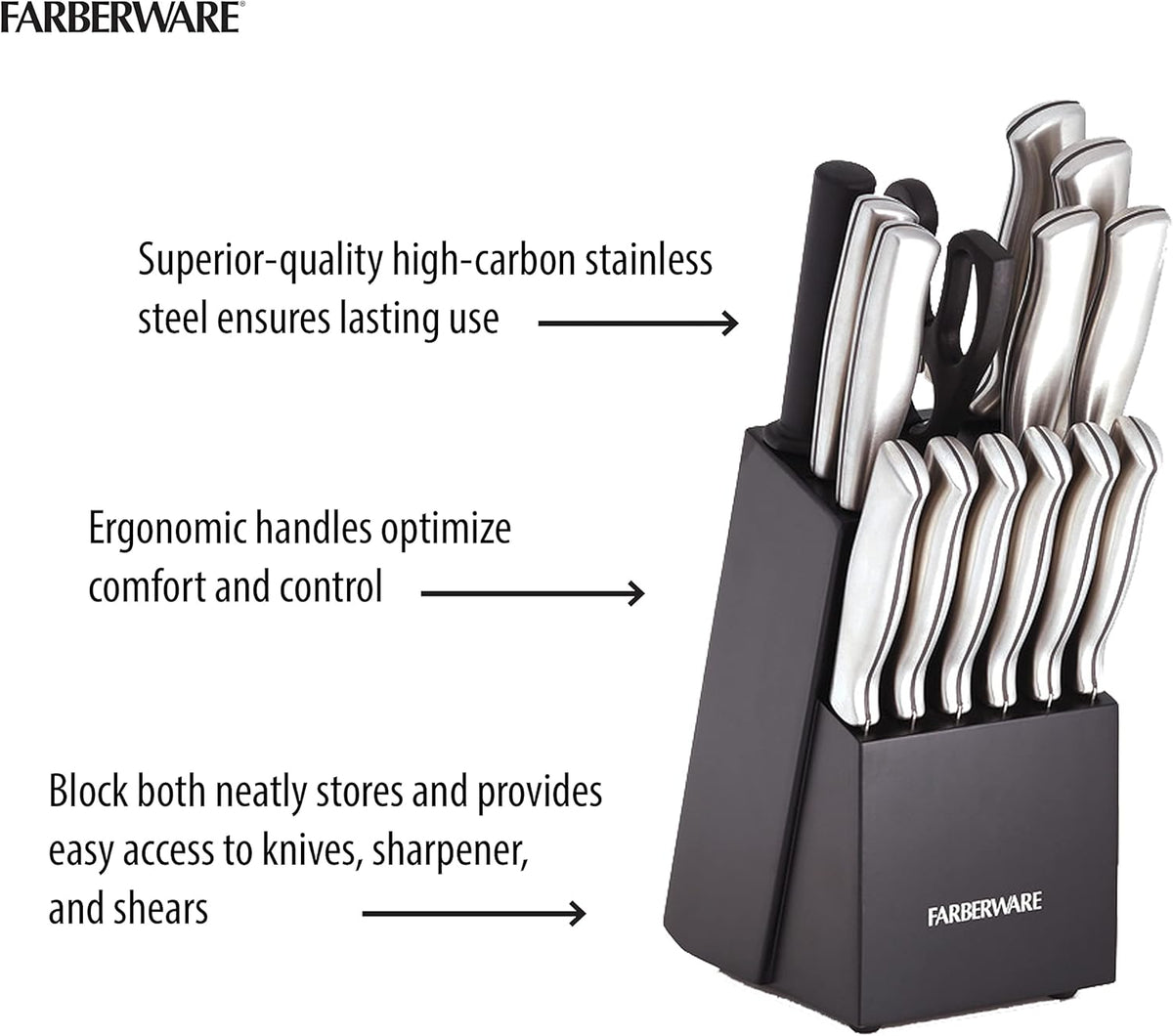 FARBERWARE 15-Piece Kitchen Knife Set with High-Carbon Stainless Steel Blades, Black Handles, Steak Knives, Wood Block, Razor Sharp and Ergonomic