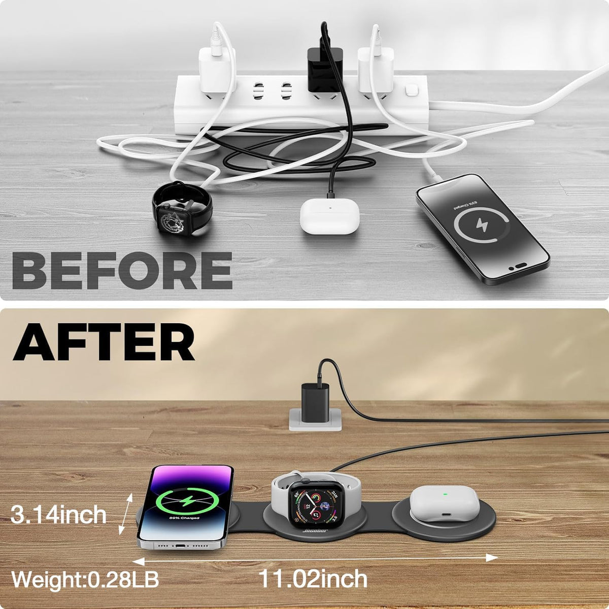3 in 1 Charging Station for Multiple Apple Devices, Compatible with iPhone 17/16/15/14/13, Apple Watch & AirPods, Foldable Fast Wireless Charger & Travel Charger for Home/Office/Trips