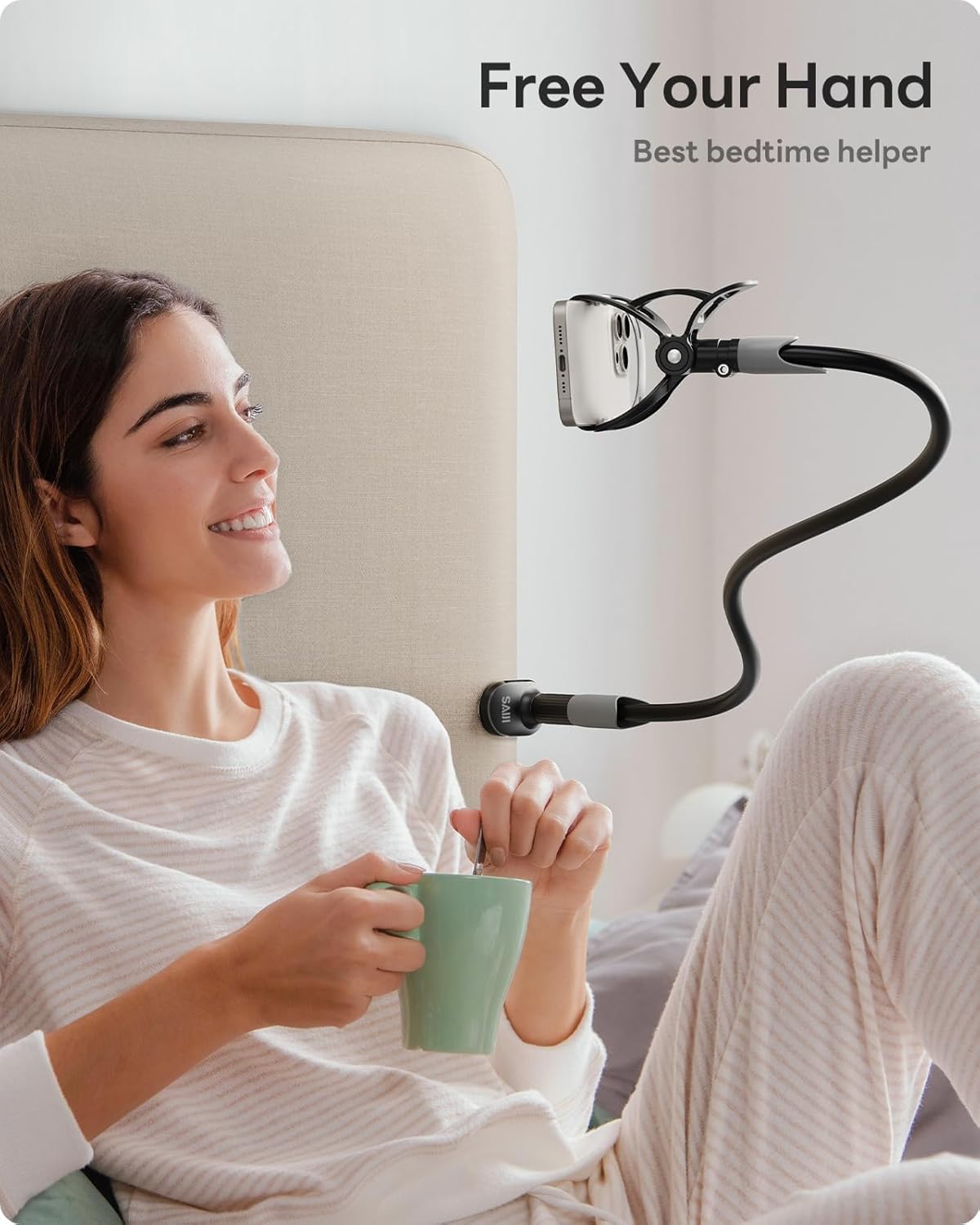 SAIJI Gooseneck Bed Phone Holder – Flexible Long Arm Clamp Stand for Desk & Bed (Black)