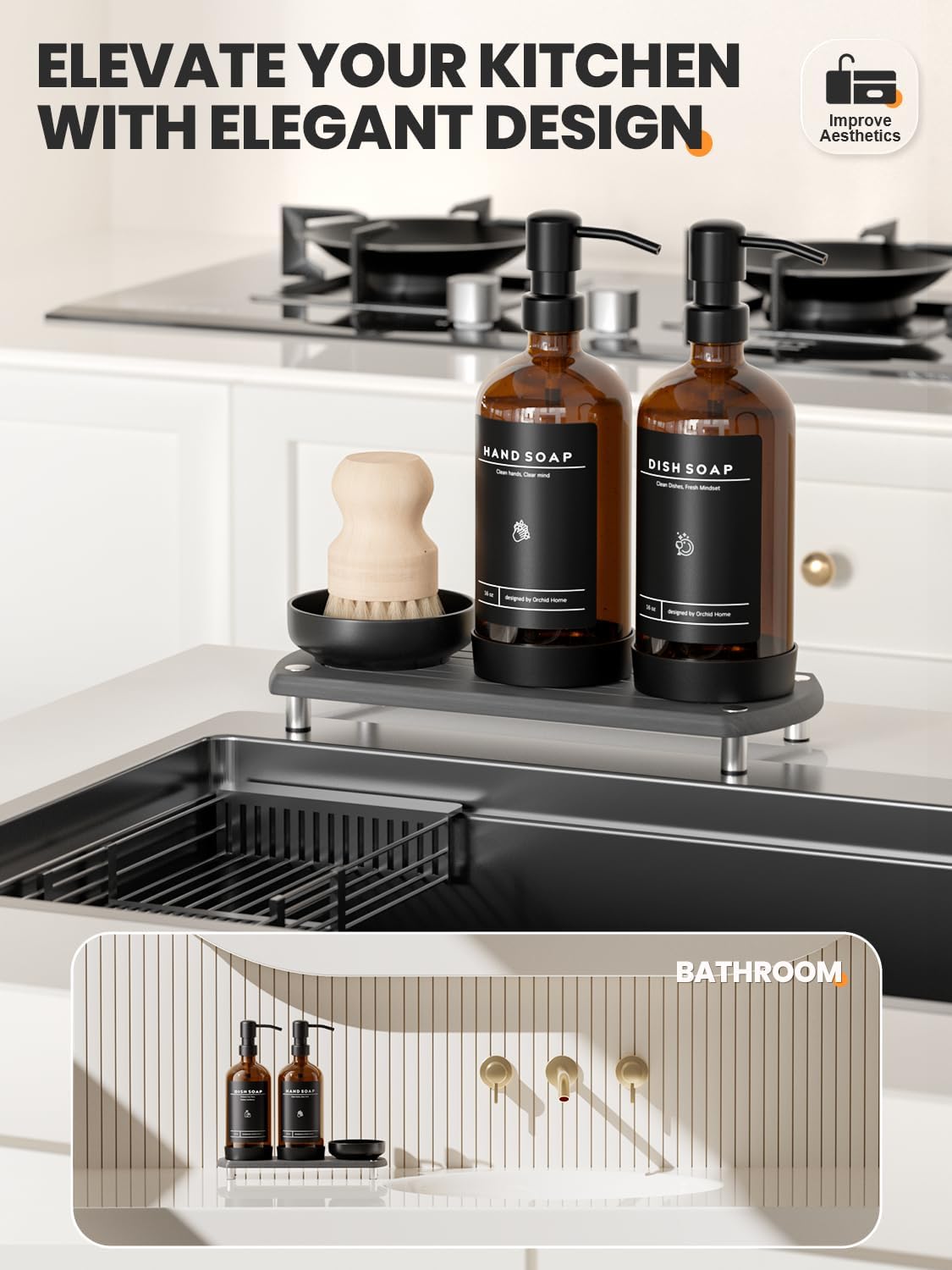 Kitchen Soap Dispenser Set - 16OZ Amber Glass Bottle, Stainless Steel Pump, Instant Dry Tray, Waterproof Labels, Non-Slip Silicone Pad, and Dish Brush | Upgrade for Your Kitchen and Bathroom