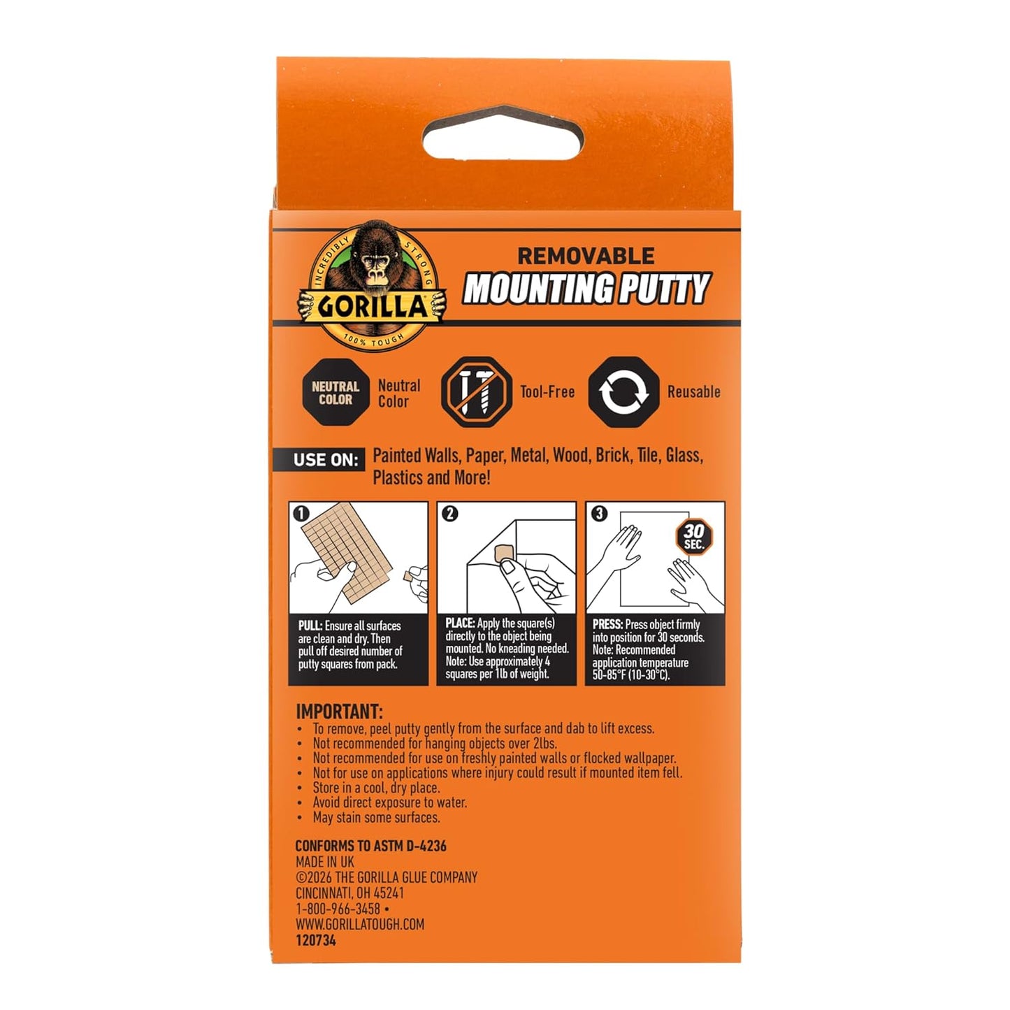 Gorilla Mounting Putty, Natural Tan Color, 168 Pre-Cut Squares (Pack of 1) - Non-Toxic Removable & Repositionable Wall Putty