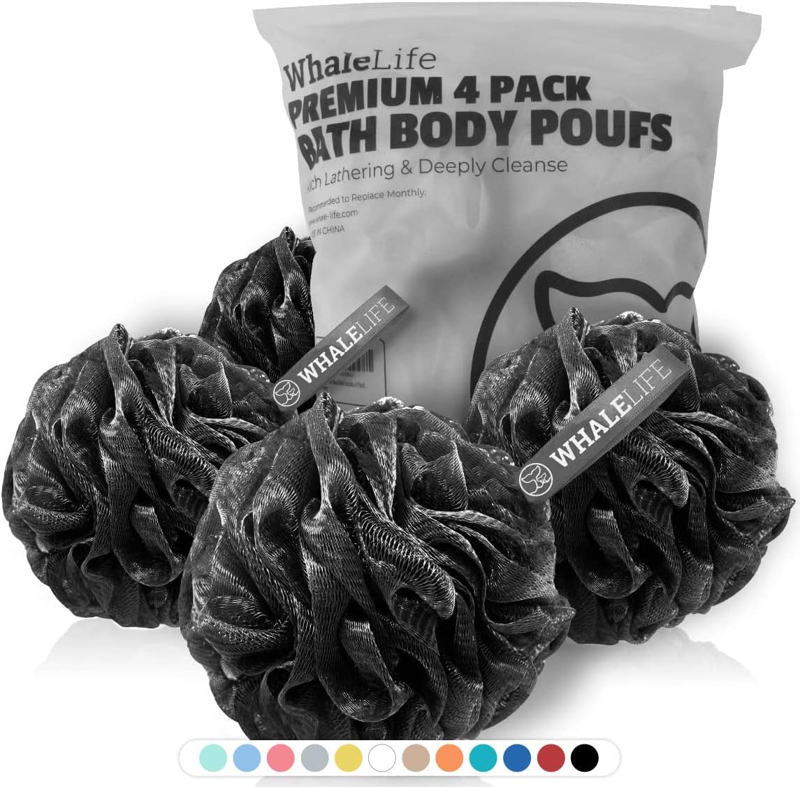 Loofah Bath Sponges - Black Gentle Exfoliating Shower Loofah for Rich Lather, Durable Mesh Body Scrubber for Men & Women 4 Pack