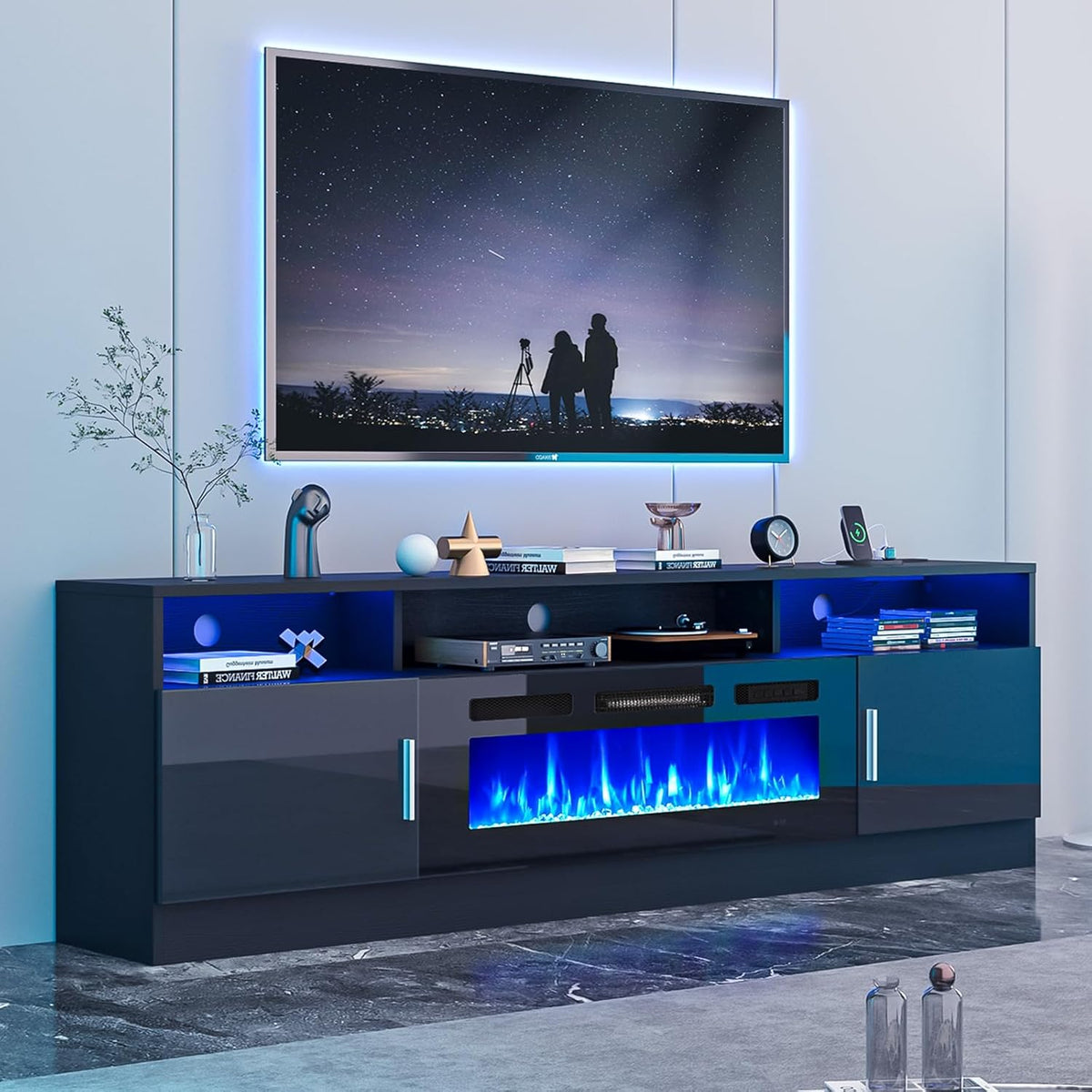 oneinmil 70" Fireplace TV Stand with Power Outlet for TVs Up to 80", Electric Fireplace Entertainment Center with LED Lights & Storage Cabinets, Media Console Table for Living Room, Black