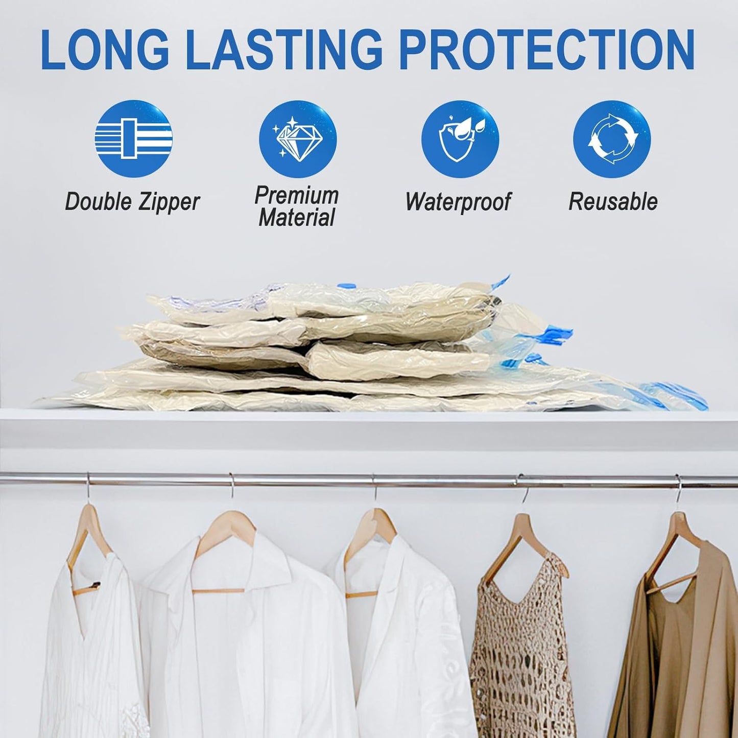 16 Combo Vacuum Storage Bags with Hand Pump, 4 Jumbo + 4 Large + 4 Medium + 4 Small Plastic Packaging Bags, 80% Space Saver Vacuum Seal Bags for Clothing, Travel Lugggage, Blankets, Comforters