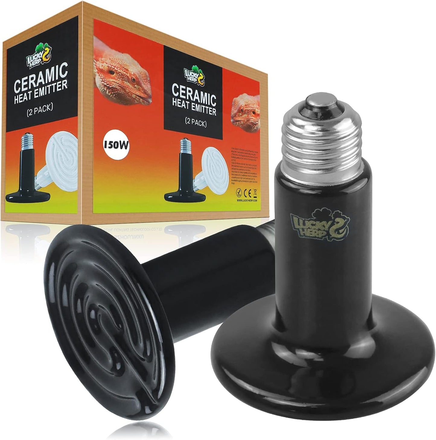 LUCKY HERP 150W Ceramic Heat Emitter, Reptile Heat Bulbs, Ceramic Heat Lamp for Reptiles, Amphibian, Chicken, Dog, Cat (2-Pack)