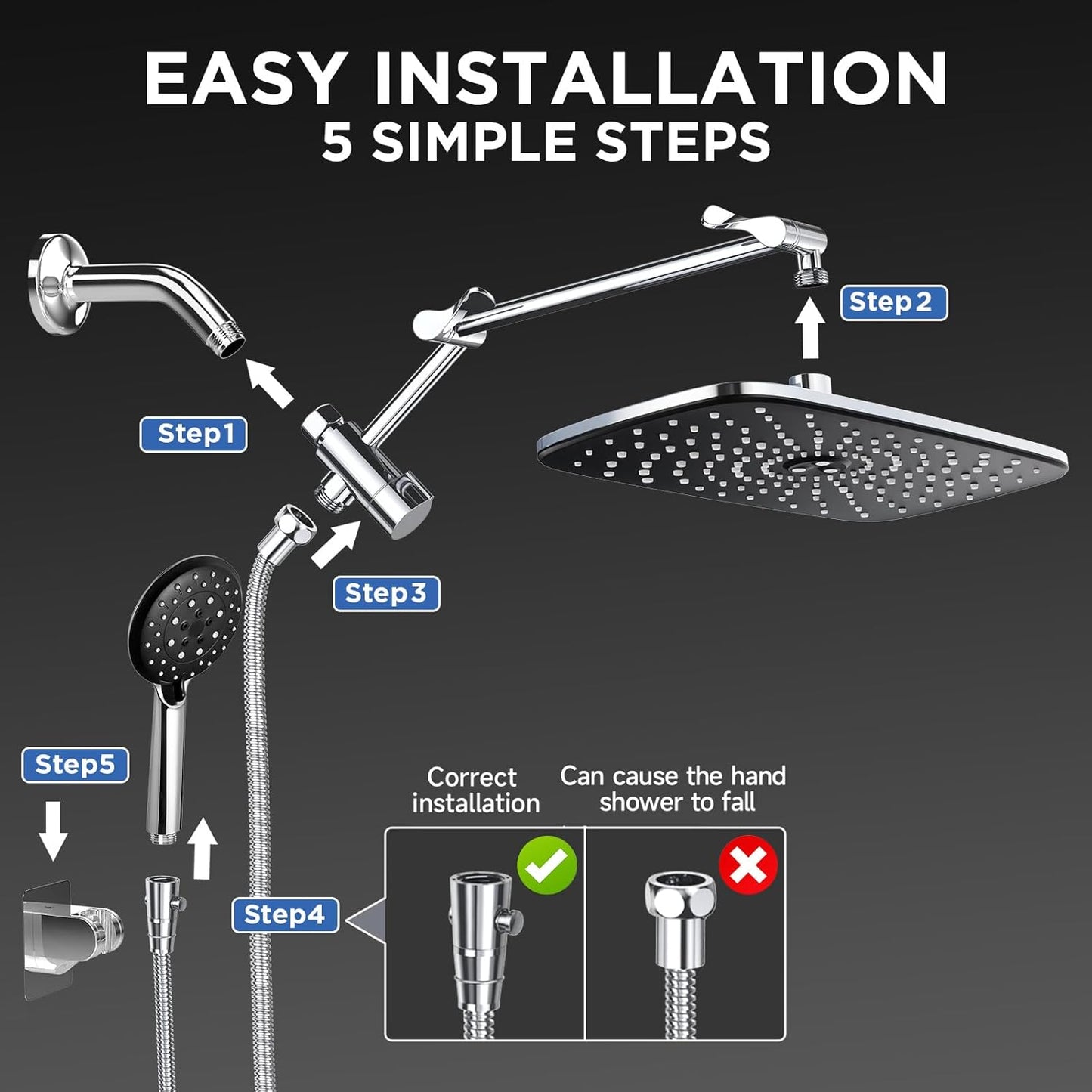 Veken Wide Rain Shower Head with Handheld, High Pressure Rainfall Showerhead Combo with Arm for Bathroom Accessories, Home Decor, Detachable Dual Shower with Multi Modes Handheld Spray, Silver Chrome