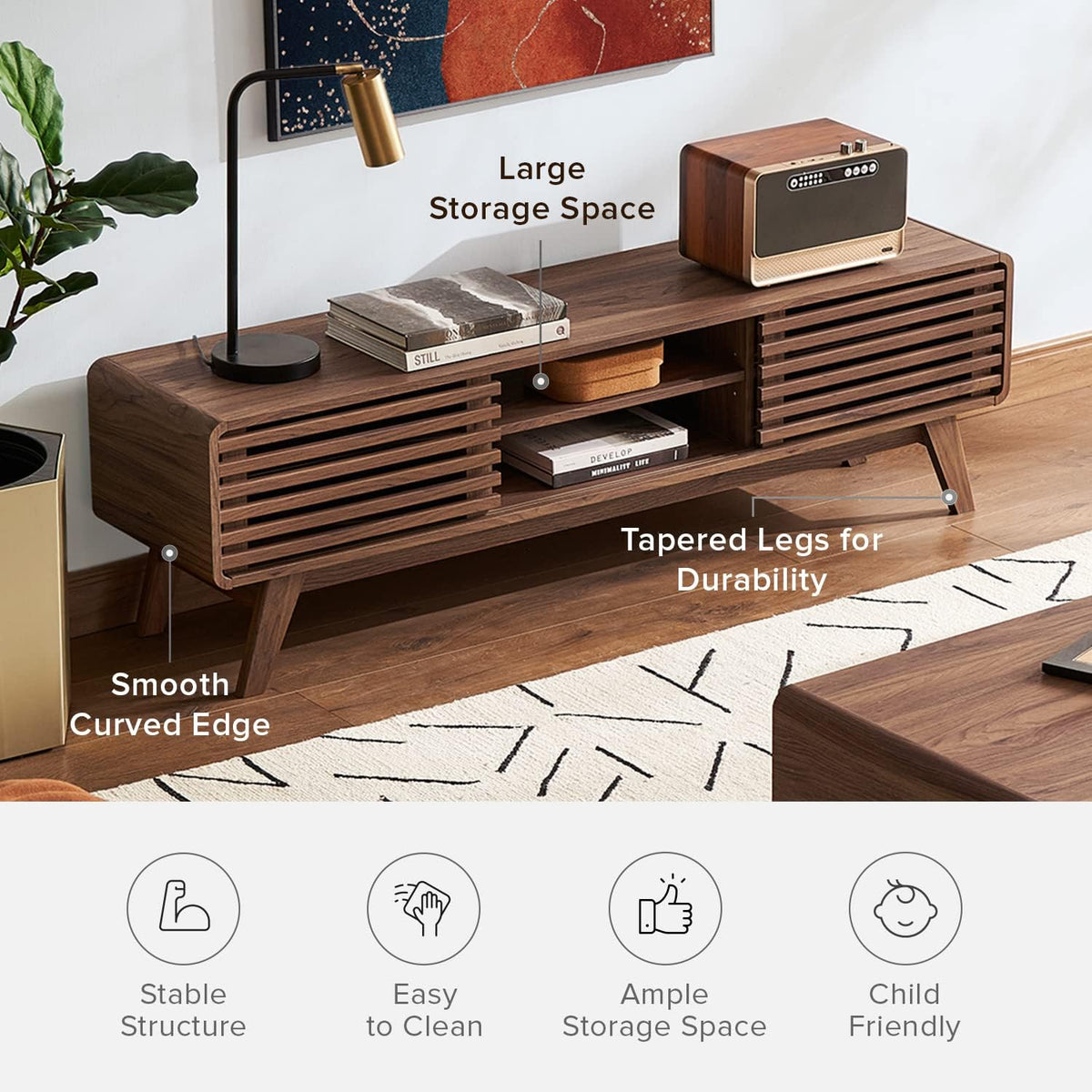 mopio Ensley TV Stand, Mid Century Modern for 55/60/65 inch TV, Farmhouse TV Stand, Entertainment Center with Storage, TV and Media Console for Living Room (Walnut, 59" Low)