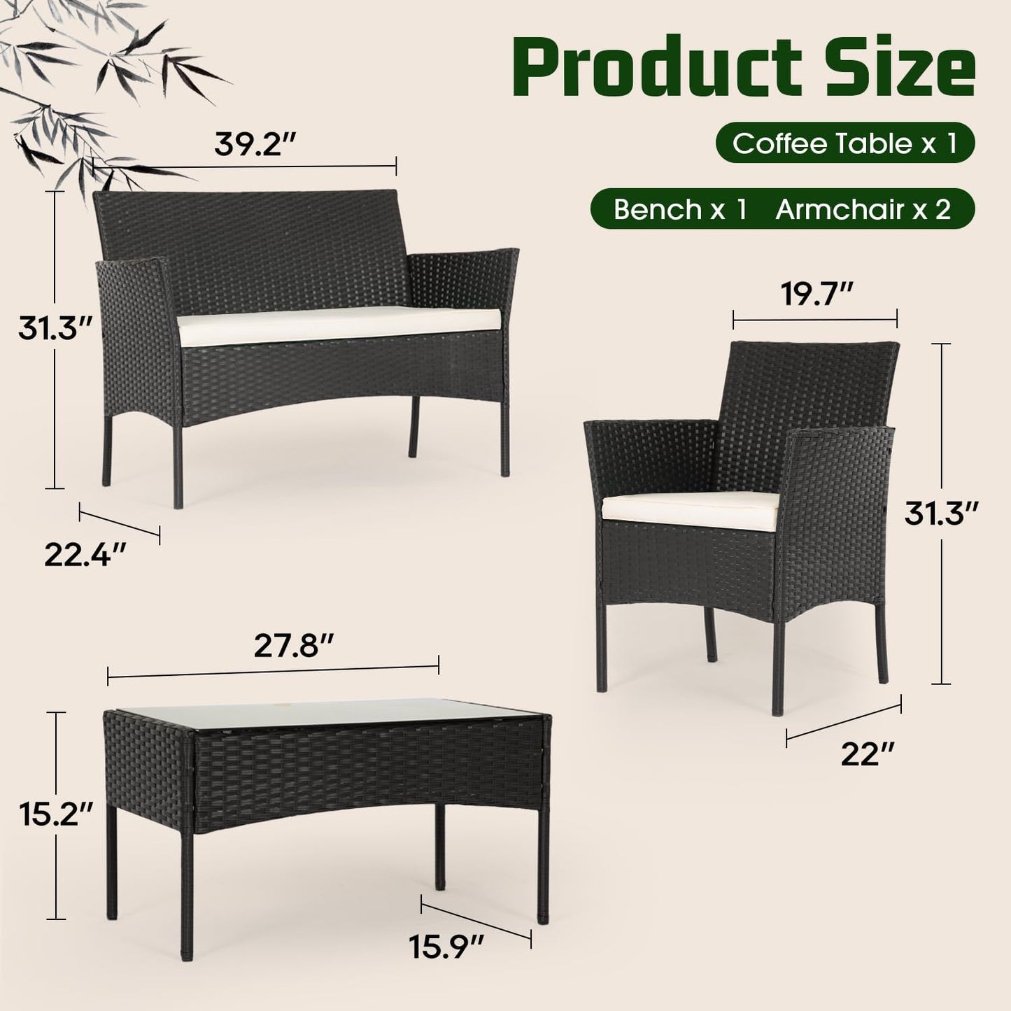 FDW | 4-Piece Patio Furniture Set | Black | Outdoor Wicker Furniture with Coffee Table | Modern Rattan Chairs Conversation Set | Outdoor Seating | Weather-Resistant | for Porch, Garden, Lawn